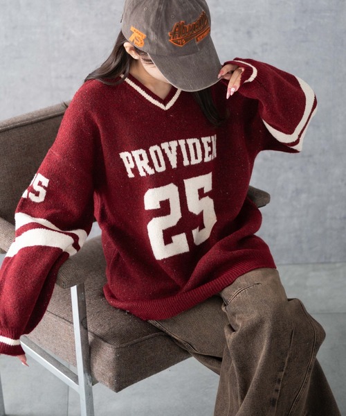 WEGO（ウィゴー）の「WEGO/ナンバリングラインフラッフィーニット（ニット/セーター・レディース・ブラック系その他/ワイン/アイボリー/レッド・FREE）」の4枚目の写真