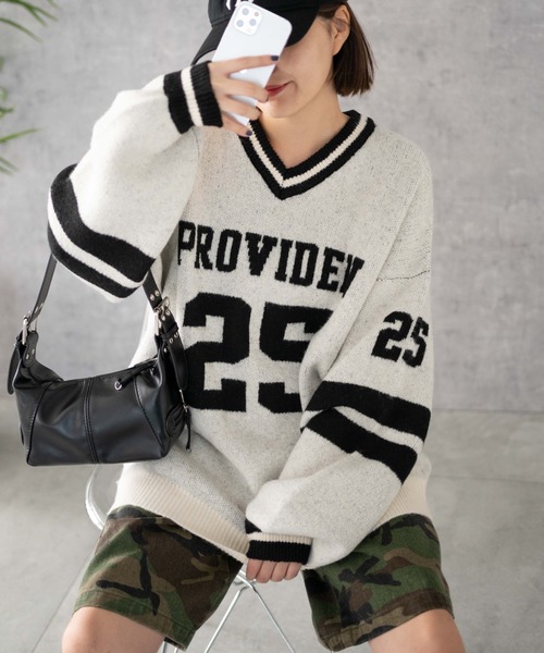 WEGO（ウィゴー）の「WEGO/ナンバリングラインフラッフィーニット（ニット/セーター・レディース・ブラック系その他/ワイン/アイボリー/レッド・FREE）」の2枚目の写真