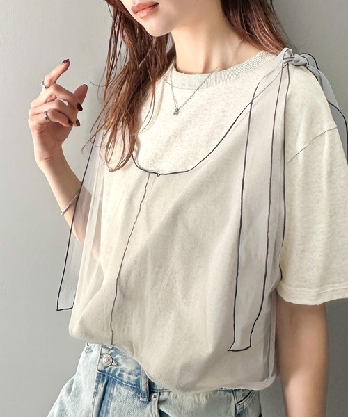 classicalelf（クラシカルエルフ）の「華やかレイヤード！綿100％チュールドッキングマルチウェイ半袖トップス（Tシャツ/カットソー・レディース・ホワイト/オートミール/チャコール/グレイッシュベージュ/ブラック・X-LARGE/SMALL/MEDIUM/LARGE）」の4枚目の写真