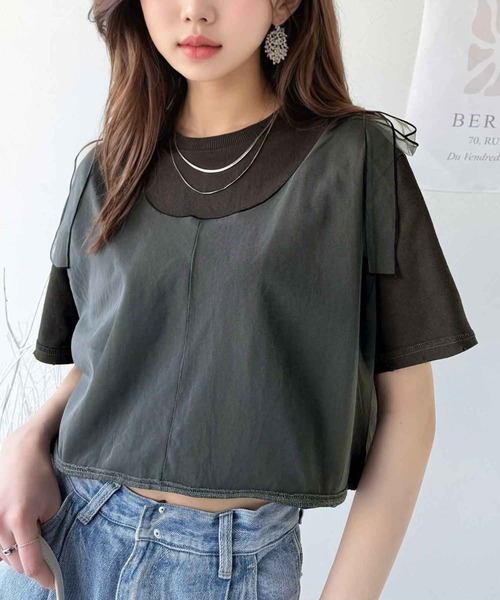 classicalelf（クラシカルエルフ）の「華やかレイヤード！綿100％チュールドッキングマルチウェイ半袖トップス（Tシャツ/カットソー・レディース・ホワイト/オートミール/チャコール/グレイッシュベージュ/ブラック・X-LARGE/SMALL/MEDIUM/LARGE）」の3枚目の写真