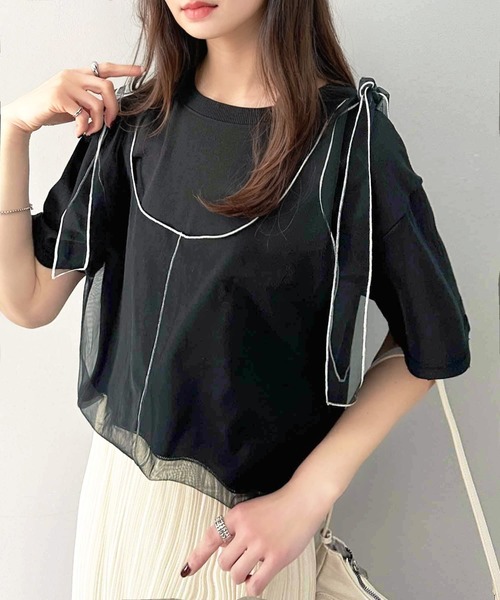 classicalelf（クラシカルエルフ）の「華やかレイヤード！綿100％チュールドッキングマルチウェイ半袖トップス（Tシャツ/カットソー・レディース・ホワイト/オートミール/チャコール/グレイッシュベージュ/ブラック・X-LARGE/SMALL/MEDIUM/LARGE）」の2枚目の写真