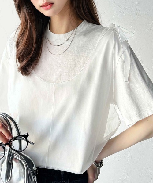 classicalelf（クラシカルエルフ）の「華やかレイヤード！綿100％チュールドッキングマルチウェイ半袖トップス（Tシャツ/カットソー・レディース・ホワイト/オートミール/チャコール/グレイッシュベージュ/ブラック・X-LARGE/SMALL/MEDIUM/LARGE）」の8枚目の写真