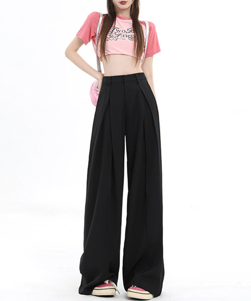 DAY CLOSET（デイ クローゼット）の「レディース 履くだけで美シルエット。クロスタックハイウエストワイドスラックス（スラックス・レディース・ブラック/グレー・XL/L/M/S/XS）」の6枚目の写真