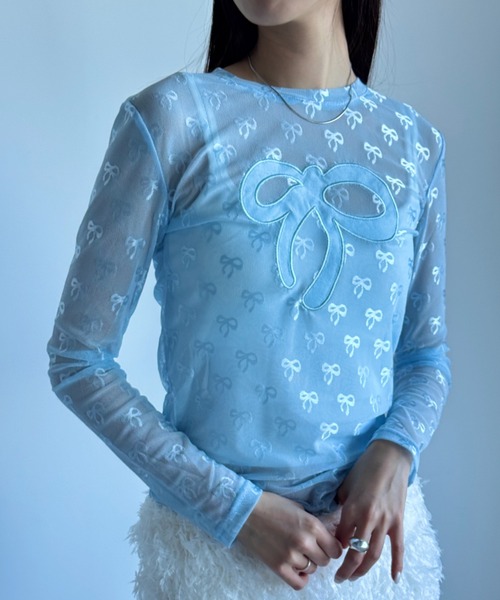 Y2K SYNAPSE FACTORY（ワイツーケー シナプスファクトリー）の「【シアー】リボンonリボンインナー（Tシャツ/カットソー・レディース・ブラック/ホワイト/サックスブルー・FREE）」の3枚目の写真