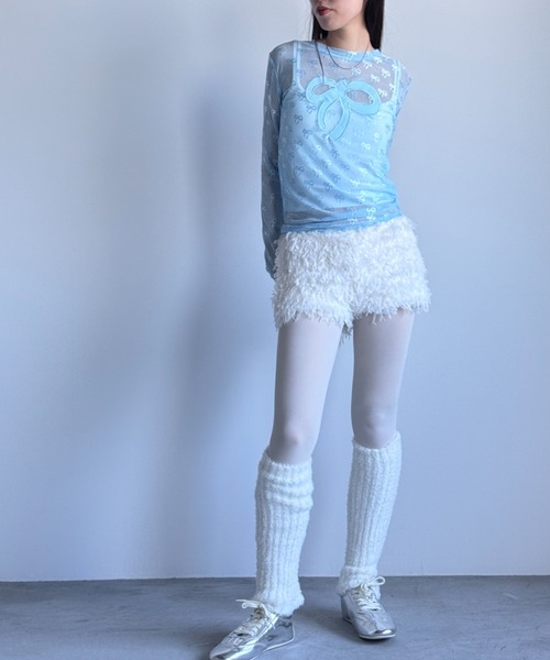 Y2K SYNAPSE FACTORY（ワイツーケー シナプスファクトリー）の「【シアー】リボンonリボンインナー（Tシャツ/カットソー・レディース・ブラック/ホワイト/サックスブルー・FREE）」の4枚目の写真