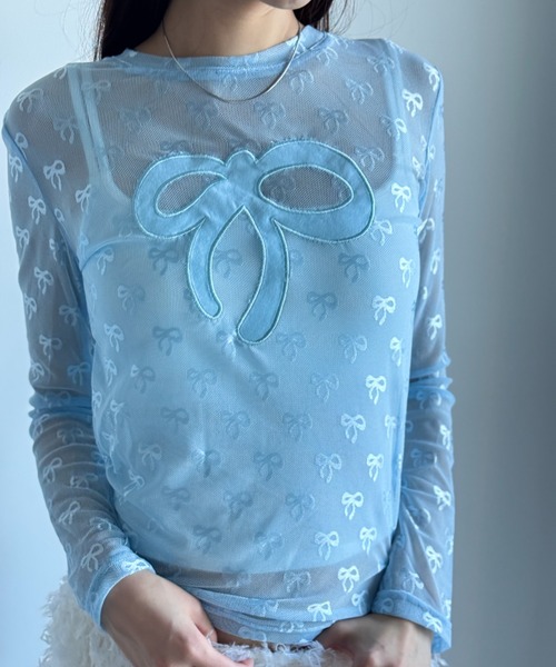 Y2K SYNAPSE FACTORY（ワイツーケー シナプスファクトリー）の「【シアー】リボンonリボンインナー（Tシャツ/カットソー・レディース・ブラック/ホワイト/サックスブルー・FREE）」の7枚目の写真