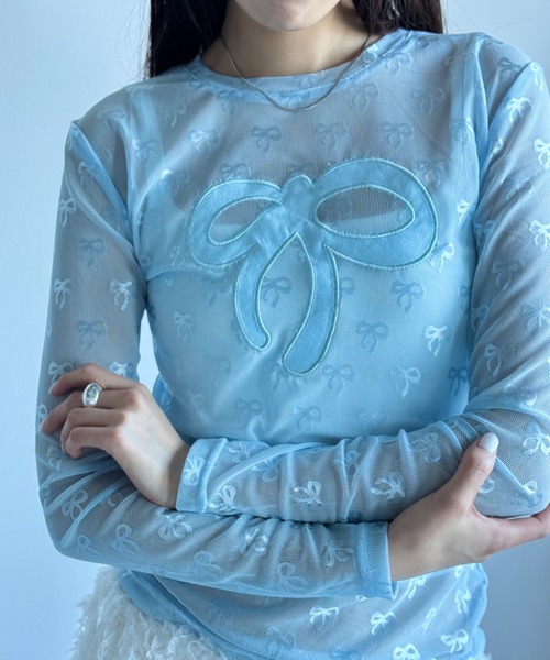 Y2K SYNAPSE FACTORY（ワイツーケー シナプスファクトリー）の「【シアー】リボンonリボンインナー（Tシャツ/カットソー・レディース・ブラック/ホワイト/サックスブルー・FREE）」の9枚目の写真