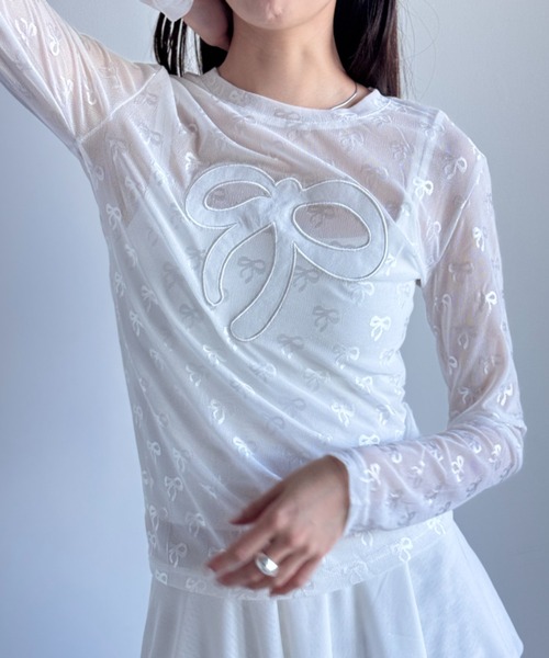 Y2K SYNAPSE FACTORY（ワイツーケー シナプスファクトリー）の「【シアー】リボンonリボンインナー（Tシャツ/カットソー・レディース・ブラック/ホワイト/サックスブルー・FREE）」の13枚目の写真