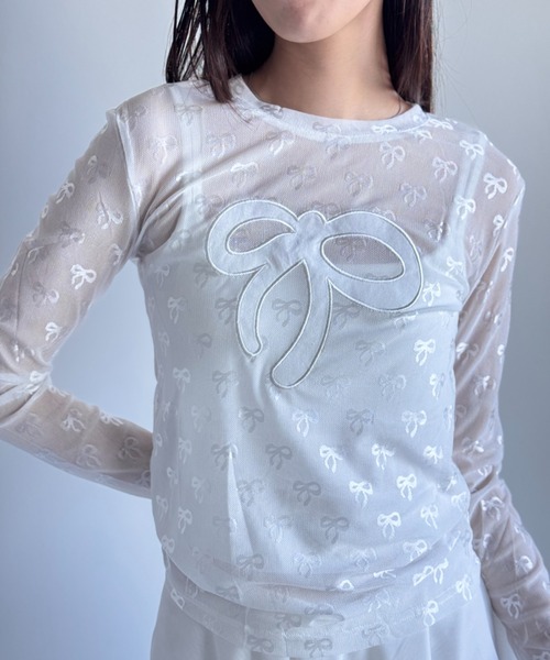 Y2K SYNAPSE FACTORY（ワイツーケー シナプスファクトリー）の「【シアー】リボンonリボンインナー（Tシャツ/カットソー・レディース・ブラック/ホワイト/サックスブルー・FREE）」の14枚目の写真