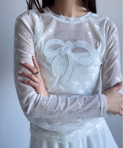 Y2K SYNAPSE FACTORY（ワイツーケー シナプスファクトリー）の「【シアー】リボンonリボンインナー（Tシャツ/カットソー・レディース・ブラック/ホワイト/サックスブルー・FREE）」の15枚目の写真