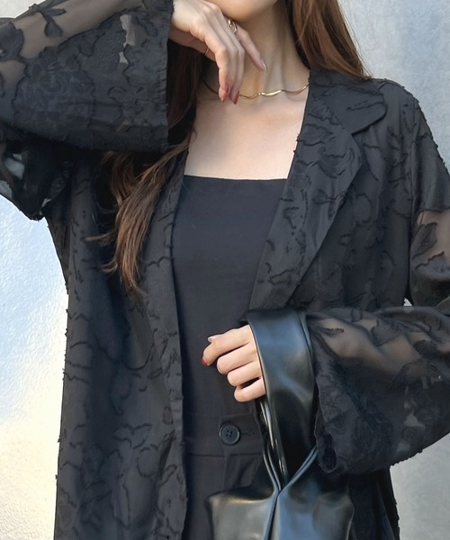 Futier land(フューティアランド)の「【オケージョン対応】ジャガードフラワーシアーテーラードジャケット(テーラードジャケット・レディース・ブラック/アイボリー・FREE)」の5枚目の写真