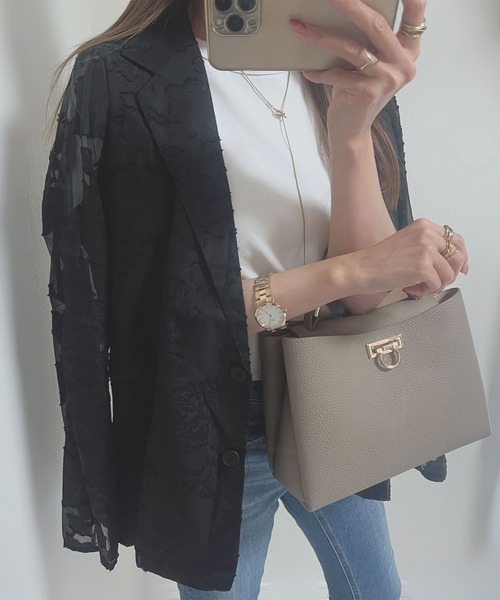 Futier land(フューティアランド)の「【オケージョン対応】ジャガードフラワーシアーテーラードジャケット(テーラードジャケット・レディース・ブラック/アイボリー・FREE)」の9枚目の写真