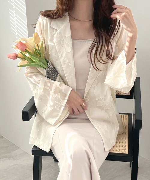 Futier land(フューティアランド)の「【オケージョン対応】ジャガードフラワーシアーテーラードジャケット(テーラードジャケット・レディース・ブラック/アイボリー・FREE)」の10枚目の写真