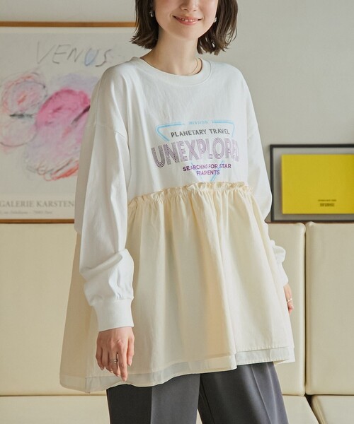 coen（コーエン）の「布帛ドッキングロゴプリントロンT（Tシャツ/カットソー・レディース・オフホワイト/ダークグレー/ケリーグリーン・M/L）」の2枚目の写真