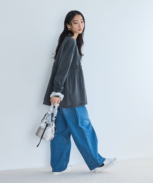 coen（コーエン）の「布帛ドッキングロゴプリントロンT（Tシャツ/カットソー・レディース・オフホワイト/ダークグレー/ケリーグリーン・M/L）」の4枚目の写真