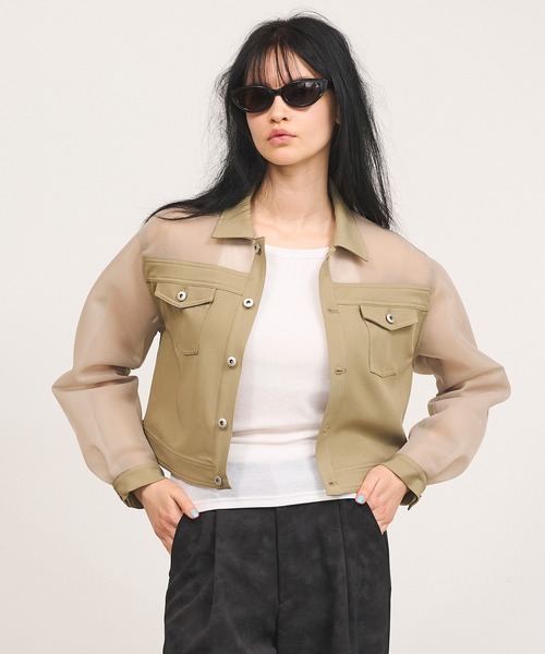 Nora Lily elle(ノラリリーエル)の「【Nora Lily】「elle」See-through Denim Combi Jacket(ブルゾン・レディース・カーキ/ブラック/インディゴブルー・FREE)」の1枚目の写真
