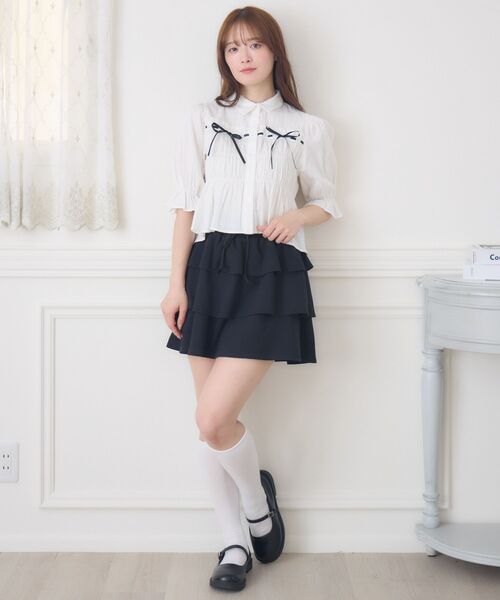 ems excite（エムズエキサイト）の「ステッチリボンペプラムSH（シャツ/ブラウス・レディース・ホワイト/ダークブルー/ライトブルー・FREE）」の7枚目の写真