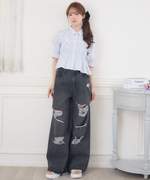 ems excite（エムズエキサイト）の「ステッチリボンペプラムSH（シャツ/ブラウス・レディース・ホワイト/ダークブルー/ライトブルー・FREE）」の15枚目の写真