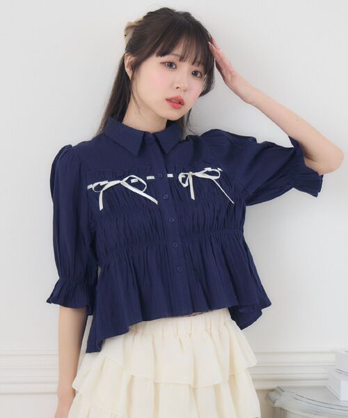 ems excite（エムズエキサイト）の「ステッチリボンペプラムSH（シャツ/ブラウス・レディース・ホワイト/ダークブルー/ライトブルー・FREE）」の6枚目の写真