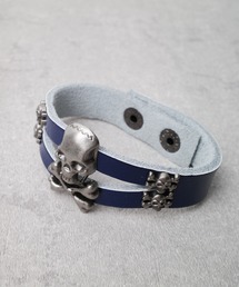 スカルモチーフ編み込みレザーブレスレット メンズのブレスレット（ブルー・ネイビー/青色系・スカルモチーフ