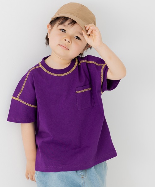 JAM & LINK(ジャムアンドリンク)の「綿100% ビッグシルエット 配色ステッチ 無地Tシャツ(Tシャツ/カットソー・キッズ・グレイッシュブルー/スモークピンク/ワインレッド/ライトイエロー/オートミール/パープル/ブラック/ホワイト/チャコールグレー/クリーム・110cm/100cm/120cm/130cm/140cm/150cm/160cm)」の7枚目の写真