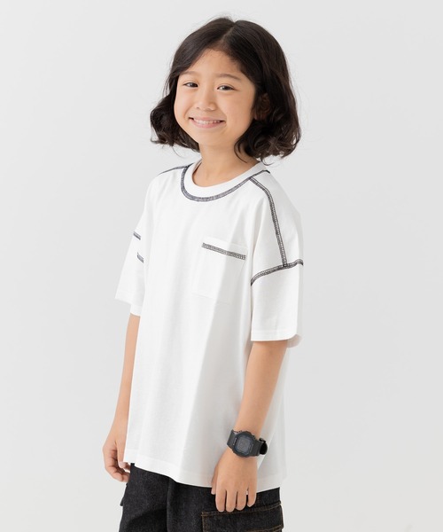 JAM & LINK(ジャムアンドリンク)の「綿100% ビッグシルエット 配色ステッチ 無地Tシャツ(Tシャツ/カットソー・キッズ・グレイッシュブルー/スモークピンク/ワインレッド/ライトイエロー/オートミール/パープル/ブラック/ホワイト/チャコールグレー/クリーム・110cm/100cm/120cm/130cm/140cm/150cm/160cm)」の1枚目の写真