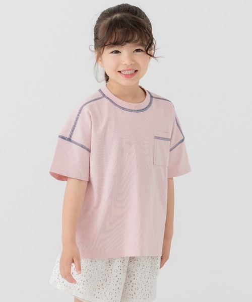 JAM & LINK(ジャムアンドリンク)の「綿100% ビッグシルエット 配色ステッチ 無地Tシャツ(Tシャツ/カットソー・キッズ・グレイッシュブルー/スモークピンク/ワインレッド/ライトイエロー/オートミール/パープル/ブラック/ホワイト/チャコールグレー/クリーム・110cm/100cm/120cm/130cm/140cm/150cm/160cm)」の9枚目の写真