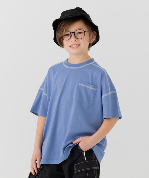 JAM & LINK(ジャムアンドリンク)の「綿100% ビッグシルエット 配色ステッチ 無地Tシャツ(Tシャツ/カットソー・キッズ・グレイッシュブルー/スモークピンク/ワインレッド/ライトイエロー/オートミール/パープル/ブラック/ホワイト/チャコールグレー/クリーム・110cm/100cm/120cm/130cm/140cm/150cm/160cm)」の6枚目の写真