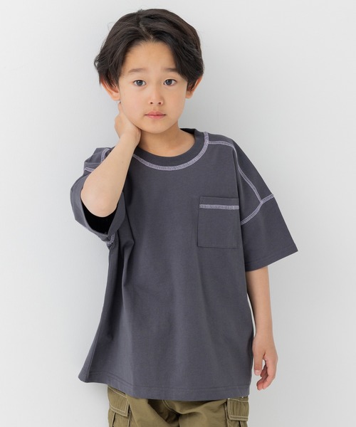JAM & LINK(ジャムアンドリンク)の「綿100% ビッグシルエット 配色ステッチ 無地Tシャツ(Tシャツ/カットソー・キッズ・グレイッシュブルー/スモークピンク/ワインレッド/ライトイエロー/オートミール/パープル/ブラック/ホワイト/チャコールグレー/クリーム・110cm/100cm/120cm/130cm/140cm/150cm/160cm)」の3枚目の写真