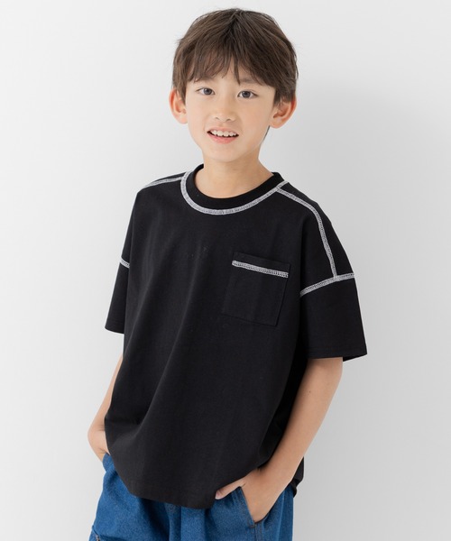 JAM & LINK(ジャムアンドリンク)の「綿100% ビッグシルエット 配色ステッチ 無地Tシャツ(Tシャツ/カットソー・キッズ・グレイッシュブルー/スモークピンク/ワインレッド/ライトイエロー/オートミール/パープル/ブラック/ホワイト/チャコールグレー/クリーム・110cm/100cm/120cm/130cm/140cm/150cm/160cm)」の2枚目の写真
