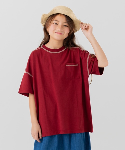 JAM & LINK(ジャムアンドリンク)の「綿100% ビッグシルエット 配色ステッチ 無地Tシャツ(Tシャツ/カットソー・キッズ・グレイッシュブルー/スモークピンク/ワインレッド/ライトイエロー/オートミール/パープル/ブラック/ホワイト/チャコールグレー/クリーム・110cm/100cm/120cm/130cm/140cm/150cm/160cm)」の10枚目の写真