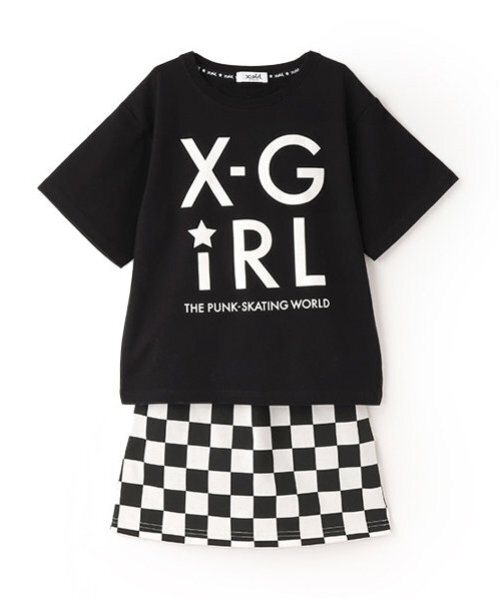 新品未使用 120cm エックスガールステージス ロゴTシャツブロック柄スカート セール】ロゴT+ブロックチェック柄スカートセット（セットアップ