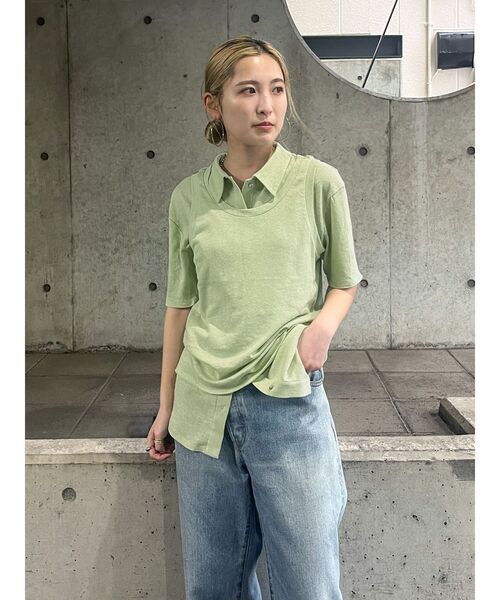 Ungrid(アングリッド)の「リネン混ハーフスリーブポロカーデ(カーディガン/ボレロ・レディース・グリーン系その他/オフホワイト/ブラック・FREE)」の1枚目の写真