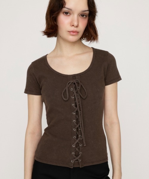 D&G リブ編み 半袖トップス 24/38 レッド セール】LACE UP RIB TOPS レースアップ リブ トップス 半袖