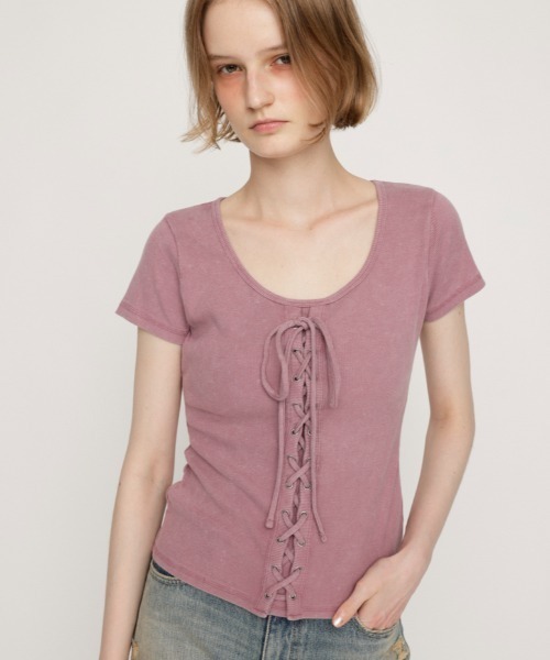 セール】LACE UP RIB TOPS レースアップ リブ トップス 半袖