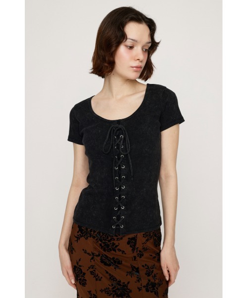 セール】LACE UP RIB TOPS レースアップ リブ トップス 半袖