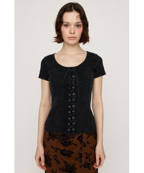 tシャツ LACE UP RIB TOPS レースアップ リブ トップス 半袖 夏服 レディース セール】LACE UP RIB TOPS レースアップ リブ トップス 半袖