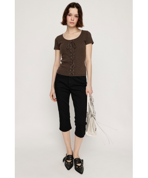 tシャツ LACE UP RIB TOPS レースアップ リブ トップス 半袖 夏服 レディース セール】LACE UP RIB TOPS レースアップ リブ トップス 半袖