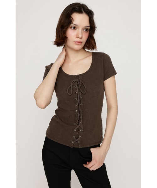 SLY（スライ）の「LACE UP RIB TOPS レースアップ リブ トップス 半袖 夏服（Tシャツ/カットソー・レディース・ブラウン/ピンク/ブラック・FREE）」の14枚目の写真