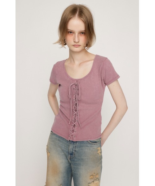 tシャツ LACE UP RIB TOPS レースアップ リブ トップス 半袖 夏服 レディース セール】LACE UP RIB TOPS レースアップ リブ トップス 半袖