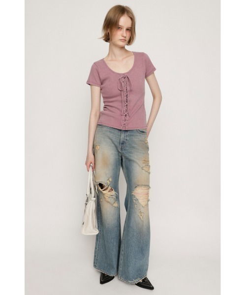 tシャツ LACE UP RIB TOPS レースアップ リブ トップス 半袖 夏服 レディース セール】LACE UP RIB TOPS レースアップ リブ トップス 半袖