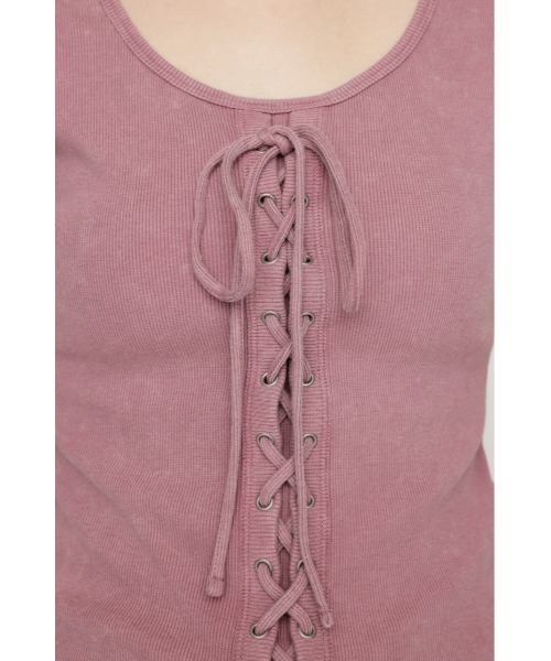 SLY（スライ）の「LACE UP RIB TOPS レースアップ リブ トップス 半袖 夏服（Tシャツ/カットソー・レディース・ブラウン/ピンク/ブラック・FREE）」の6枚目の写真