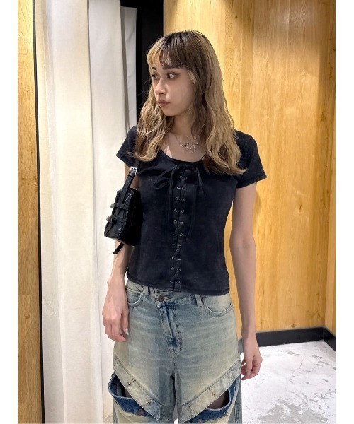 tシャツ LACE UP RIB TOPS レースアップ リブ トップス 半袖 夏服 レディース セール】LACE UP RIB TOPS レースアップ リブ トップス 半袖