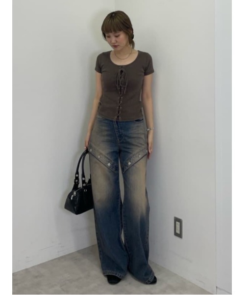 セール】LACE UP RIB TOPS レースアップ リブ トップス 半袖