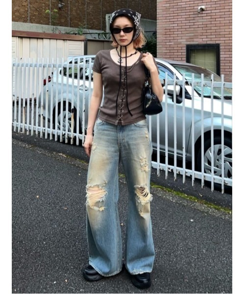 セール】LACE UP RIB TOPS レースアップ リブ トップス 半袖