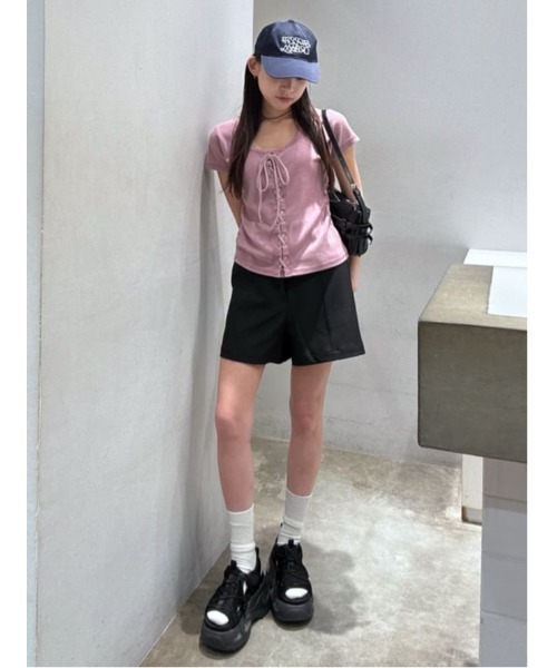 tシャツ LACE UP RIB TOPS レースアップ リブ トップス 半袖 夏服 レディース セール】LACE UP RIB TOPS レースアップ リブ トップス 半袖