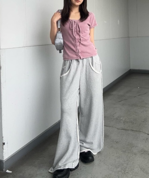 SLY（スライ）の「LACE UP RIB TOPS レースアップ リブ トップス 半袖 夏服（Tシャツ/カットソー・レディース・ブラウン/ピンク/ブラック・FREE）」の19枚目の写真