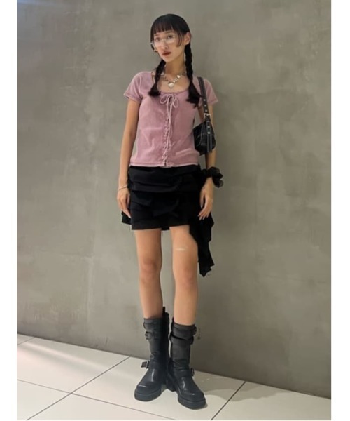 SLY（スライ）の「LACE UP RIB TOPS レースアップ リブ トップス 半袖 夏服（Tシャツ/カットソー・レディース・ブラウン/ピンク/ブラック・FREE）」の18枚目の写真