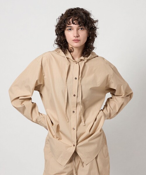 早い物勝ち！ROKUコットンストライプフーディシャツ今期 セール】＜6(ROKU)＞コットン ストライプ フーディー シャツ（シャツ