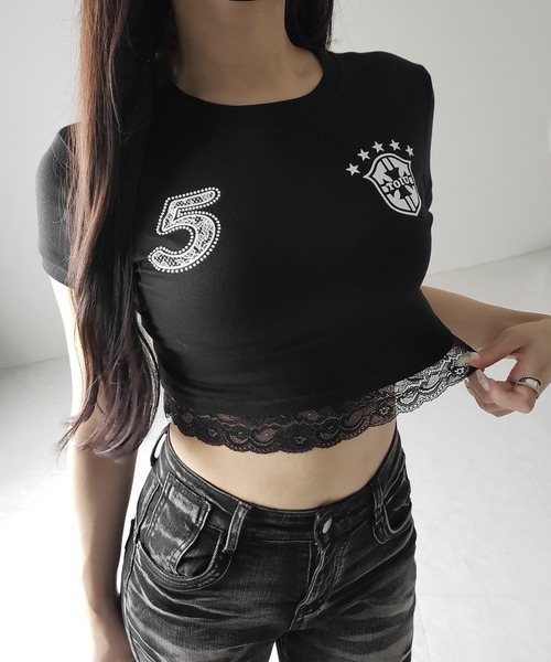 me+em select(ミームセレクト)の「ユニフォームドッキングレースショートピチTシャツ / uniform docking lace short pichi T-shirt(Tシャツ/カットソー・レディース・ブラック・FREE)」の12枚目の写真